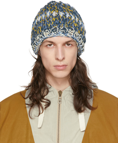 Nicholas Daley Blue & Yellow Hand-knit Beanie In Blue/ White/turmeric