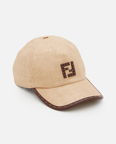 Shop Fendi Ff Raffia Baseball Hat In Beige