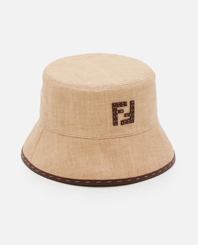 Shop Fendi Ff Raffia Bucket Hat In Beige