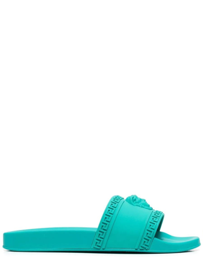 Shop Versace Turquoise Medusa Slides Sandals In Blue