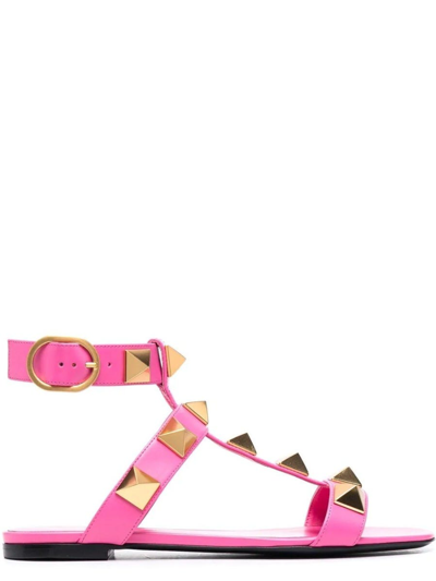 Shop Valentino Pink Roman Stud Flat Sandals