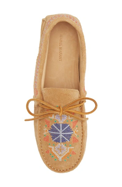 Shop Isabel Marant Freen Embroidered Suede Loafer In Terracotta