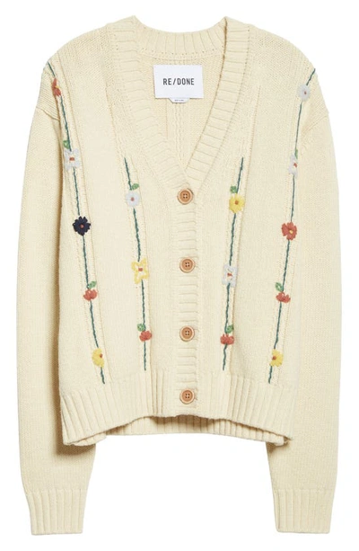 Shop Re/done '50s Embroidered V-neck Cotton & Wool Blend Cardigan In Vintage Ivory Multi