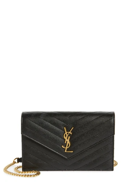 Shop Saint Laurent Cassandre Matelassé Leather Envelope Wallet On A Chain In Nero