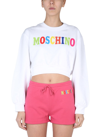 Shop Moschino Flocked Multicolor Logo Sweatshirt In White