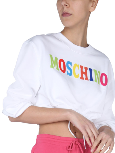 Shop Moschino Flocked Multicolor Logo Sweatshirt In White