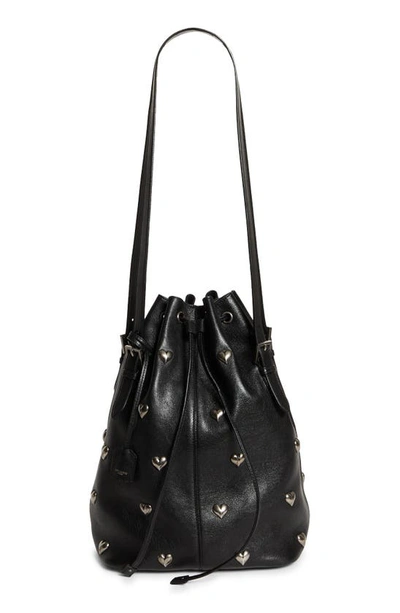 Shop Saint Laurent Medium Seau Heart Studded Leather Bucket Bag In Nero/ Aged Silver