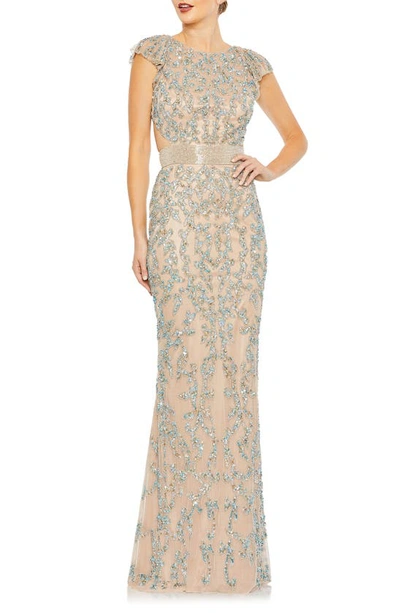 Mac Duggal Damask Sequin Open Back Gown In Nude Multi