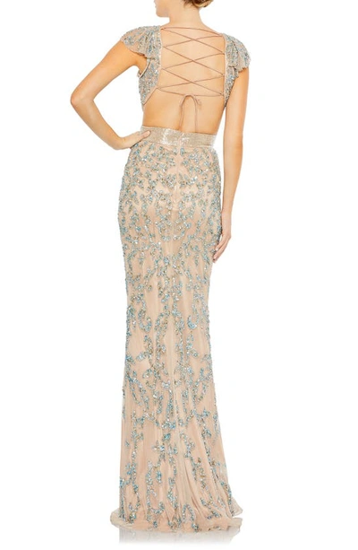 Shop Mac Duggal Damask Sequin Open Back Gown In Nude Multi
