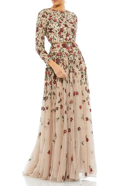 Shop Mac Duggal Floral Sequin Long Sleeve A-line Gown In Antique Rose
