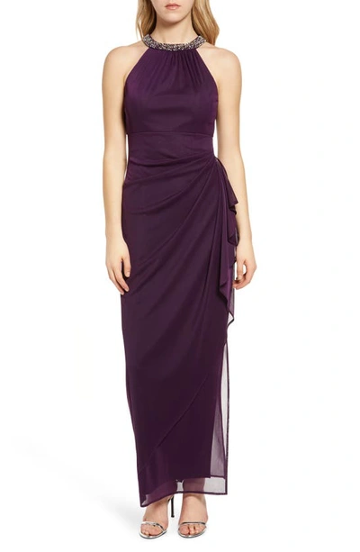 Shop Alex Evenings Embellished Halter Ruched Column Formal Gown In Eggplant