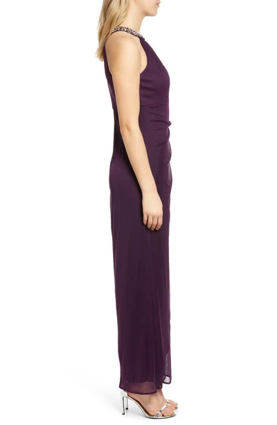 Shop Alex Evenings Embellished Halter Ruched Column Formal Gown In Eggplant