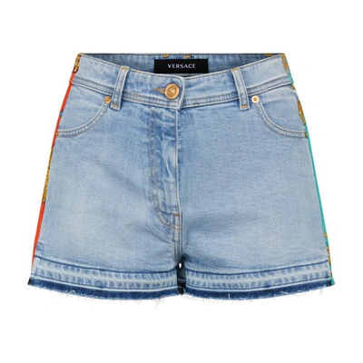 Shop Versace Denim Shorts In Medium Blue Multicolor