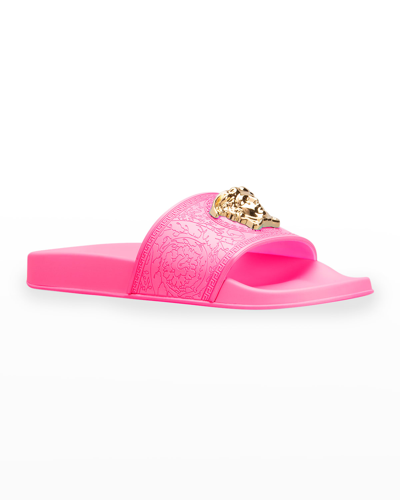 Shop Versace Medusa Rubber Pool Slides In Fuxia-oro