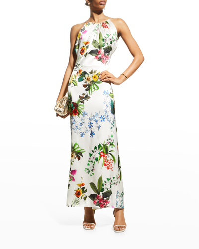 Shop Adriana Iglesias Lidia Open-back Ruched Halter Maxi Dress In Spring Garden