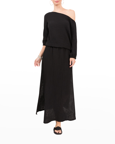Shop Everyday Ritual Aria Drawstring Cotton Gauze Maxi Skirt In Black