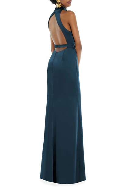 Shop Lovely Open Back Charmeuse Gown In Atlantic Blue
