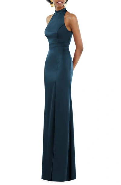 Lovely Backless High-neck Column Gown In Atlantic Blue