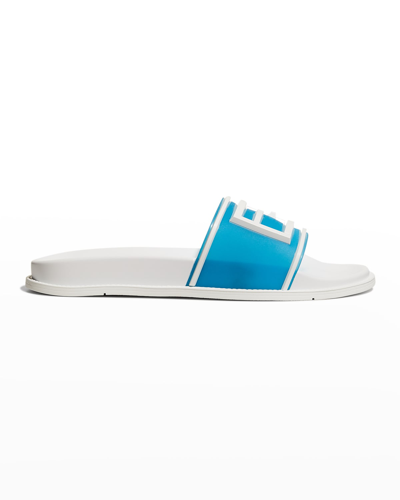 Shop Fendi Men's Ff Rubber Slide Sandals In Cyber Bluultrawhi