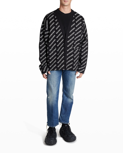 Shop Balenciaga Men's Allover-logo Cardigan Sweater In Noir/ecru