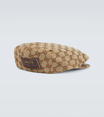 Shop Gucci Gg Canvas Flat Cap In Beige/dark Brown