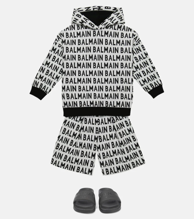 Shop Balmain Logo Jacquard Cotton Hoodie