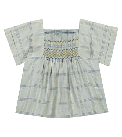 Bonpoint Pays Check-print Smocked Blouse In Vert De Gris