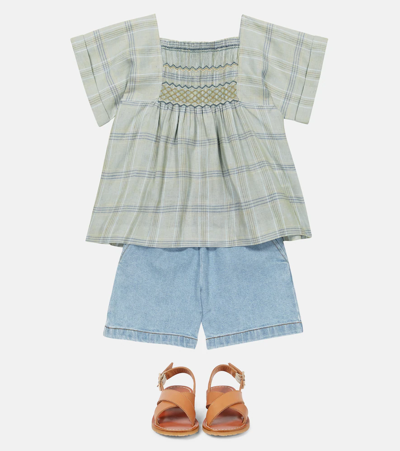 Shop Bonpoint Pays Checked Linen Blouse In Vert De Gris