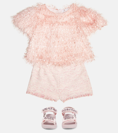 Monnalisa Teen Tassel Crop Top In Rosa Antico
