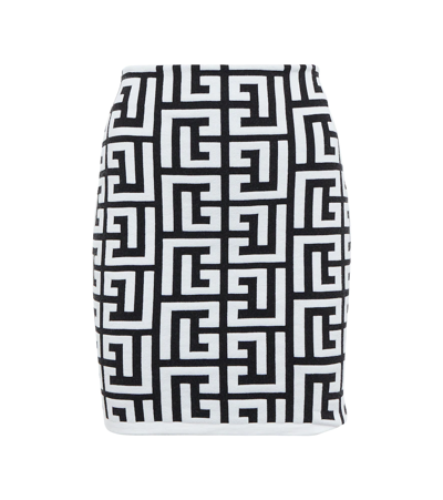 Shop Balmain Monogram Wool-blend Miniskirt In Noir/blanc