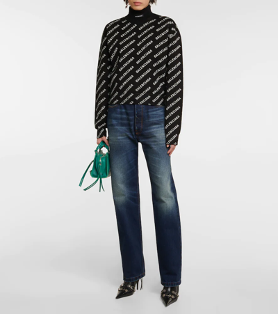 Shop Balenciaga Logo Jacquard Cotton-blend Sweater In Black/white