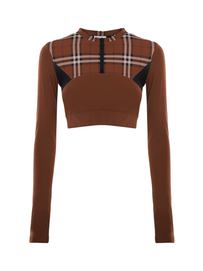 Shop Burberry Cropped Top In Stretch Jersey With Tartan Motif In Brown