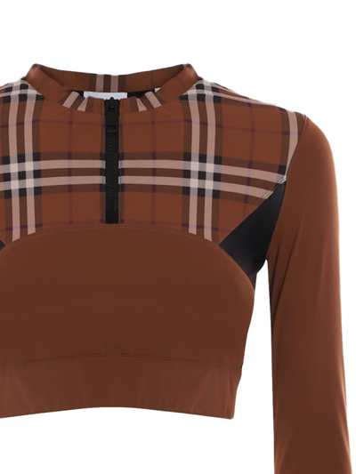 Shop Burberry Cropped Top In Stretch Jersey With Tartan Motif In Brown