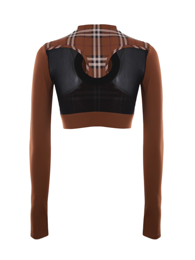 Shop Burberry Cropped Top In Stretch Jersey With Tartan Motif In Brown