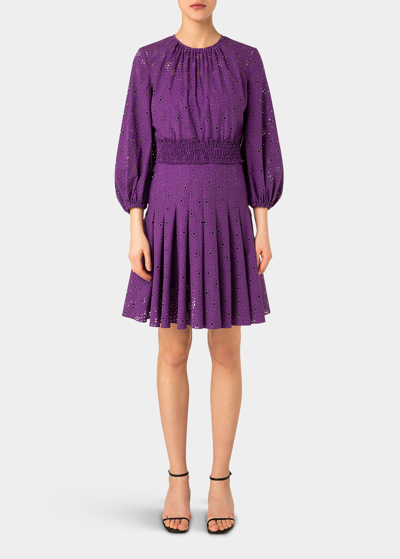 Shop Akris Punto Laser-cut Eyelet Embroidered Bishop-sleeve Dress In Purple