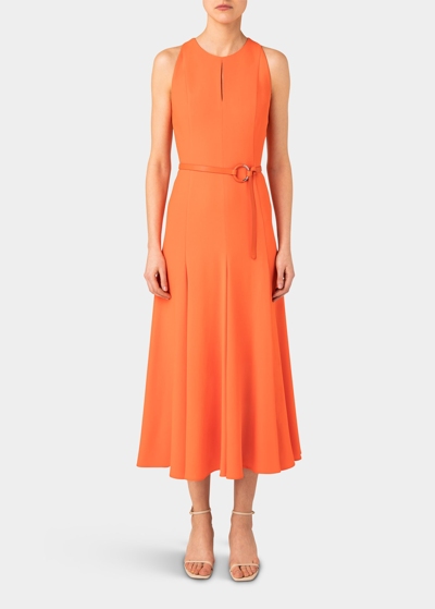 Shop Akris Punto Fit-and-flare Belted Midi Dress In Orange