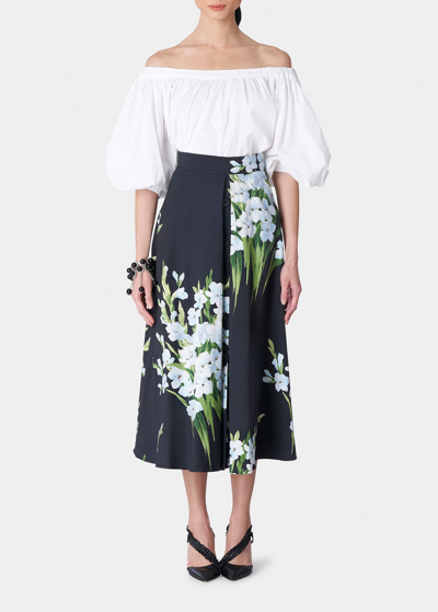Shop Carolina Herrera Floral Button-front A-line Midi Skirt In Black Multi