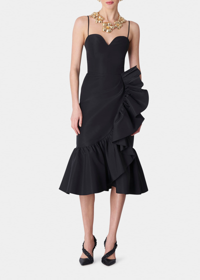 Shop Carolina Herrera Sweetheart Cascading Ruffle Midi Dress In Black