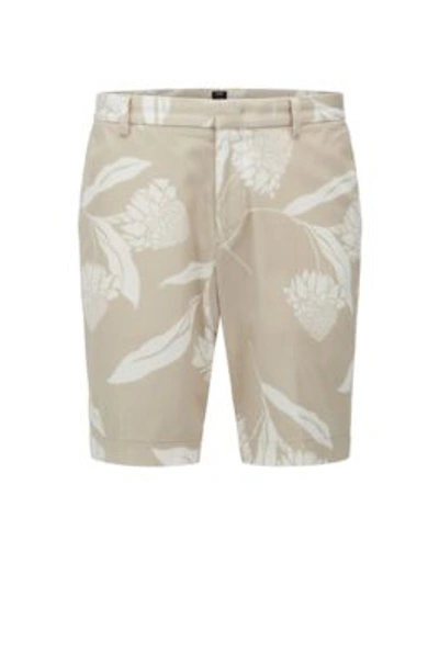Shop Hugo Boss Slim-fit Shorts In Seasonal-print Stretch-cotton Satin In Light Beige