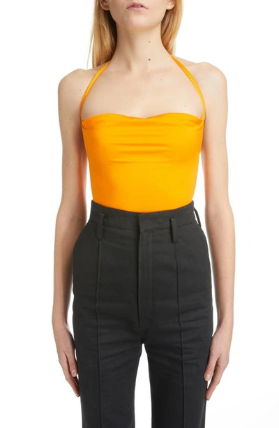 Shop Saint Laurent Convertible Shiny Jersey One-piece Swimsuit In Orange