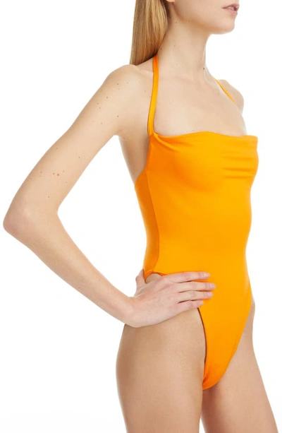 Shop Saint Laurent Convertible Shiny Jersey One-piece Swimsuit In Orange