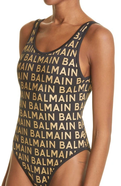 Shop Balmain Olimpionic Metallic Logo One-piece Swimsuit In Black Gold