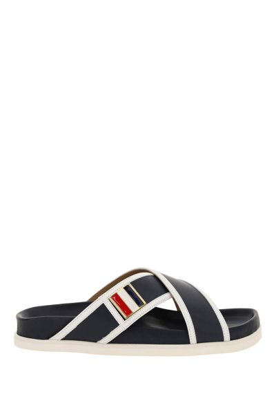 Shop Thom Browne Leather Slides With Tricolour Buckle In Mixed Colours
