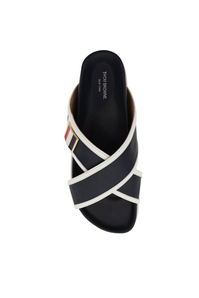 Shop Thom Browne Leather Slides With Tricolour Buckle In Mixed Colours