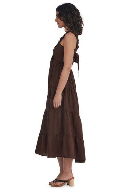 Shop Charlie Holiday Diana Tiered Linen & Cotton Midi Dress In Chocolate