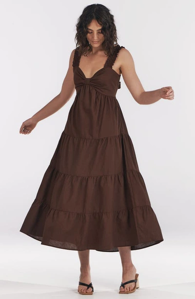 Shop Charlie Holiday Diana Tiered Linen & Cotton Midi Dress In Chocolate