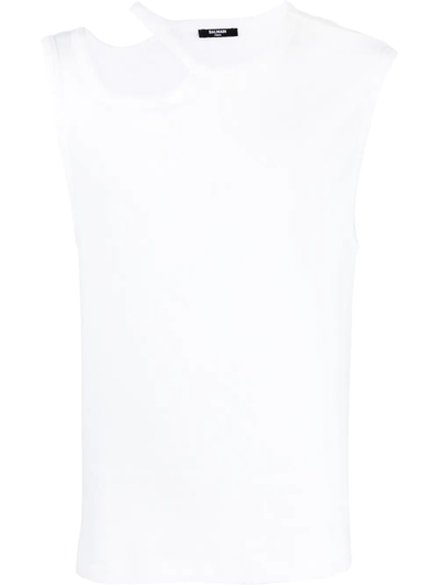 Balmain Ribbed Cotton Tank Top With Cut-out In Weiss