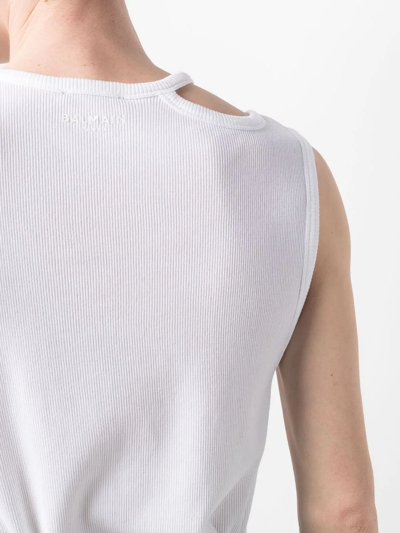 Balmain Ribbed Cotton Tank Top With Cut-out In Weiss