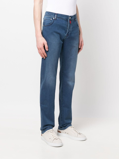 Shop Kiton Washed Logo Tab Jeans In Blue