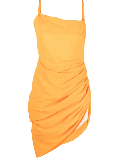 Shop Jacquemus Asymmetric Ruched Dress In Orange